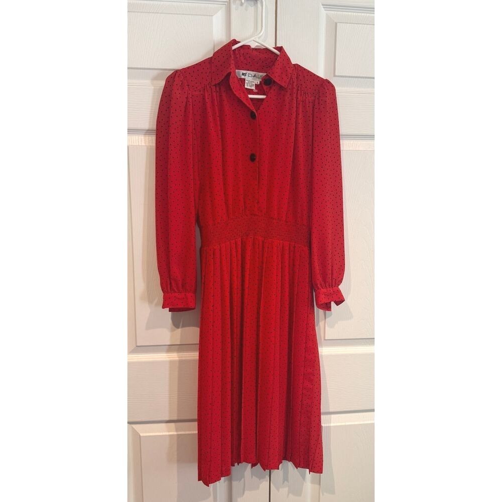 Ms Chaus VTG Womens Retro Classic Red Polka Dot Button Front Smocked Midi Dress